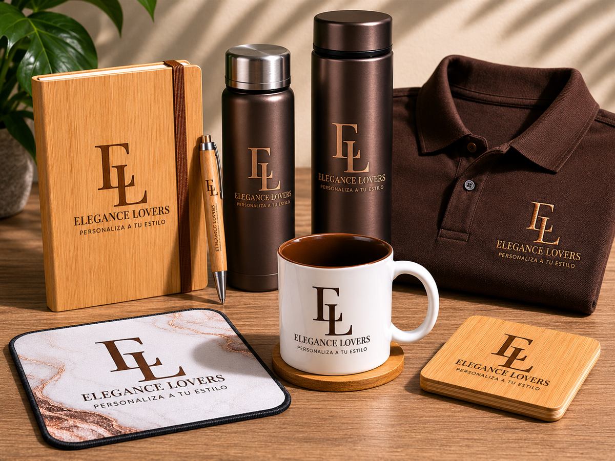 Artículos personalizados Elegance Lovers: libreta, bolígrafo, termos, taza, mousepad y polo con logo bordado