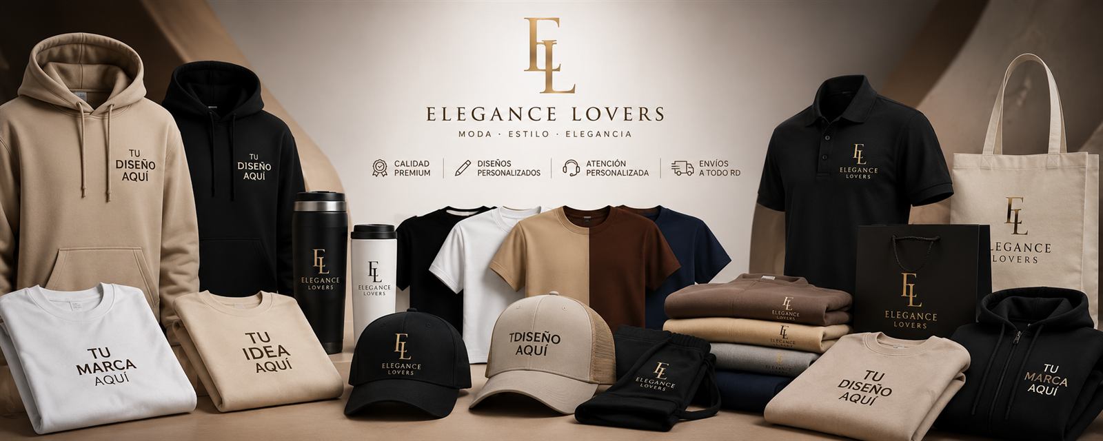Selección de productos personalizados Elegance Lovers: camisetas, termos, gorras, hoodies y tote bags con logo o diseño propio